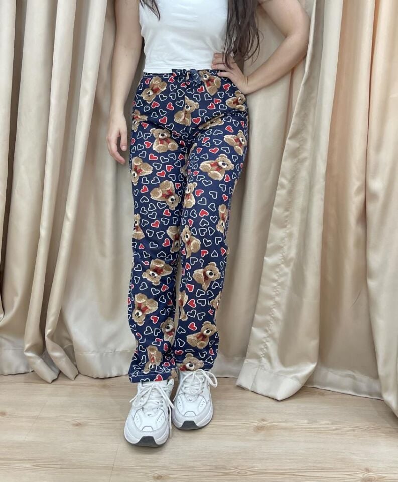 Kadın %100 Pamuk Nefes Alan Kumaş Lastikli Bel Desenli Baskılı Pijama Altı L - Lacivert Ayı Kalp