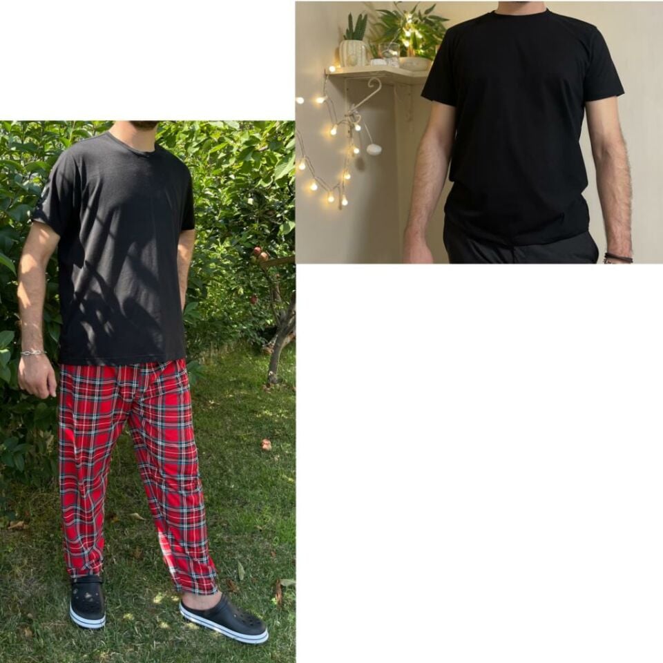 Regular Fit Alt Ekose Kareli Pamuklu Örme Bisiklet Yaka Erkek Pijama Takımı Kırmızı Yeşil Kare-Siyah - XL