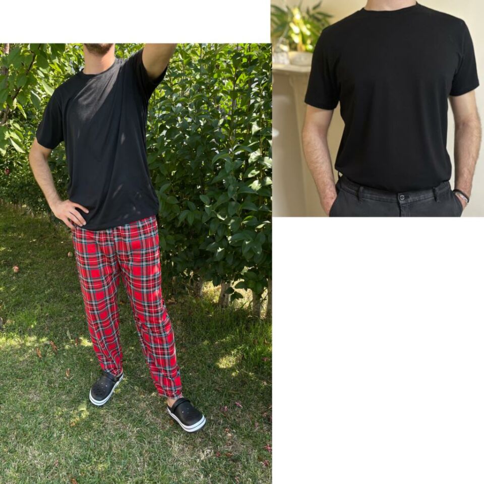 Regular Fit Alt Ekose Kareli Pamuklu Örme Bisiklet Yaka Erkek Pijama Takımı Kırmızı Yeşil Kare-Siyah - XL