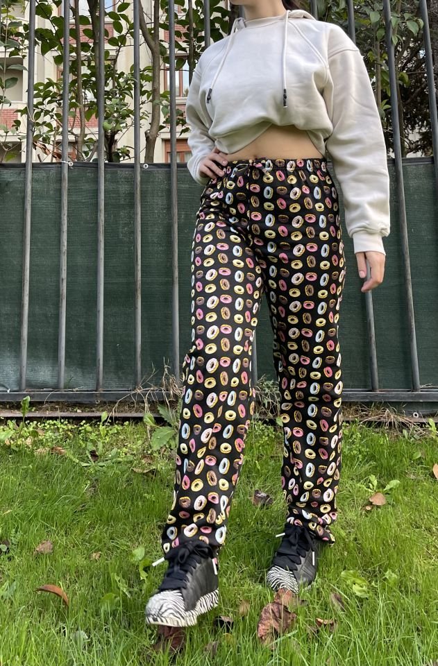 Kadın Pamuklu Ekose Desenli Pijama Altı Eşofman Kurdeleli SİYAH - XL