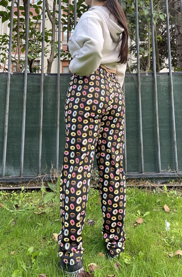 Kadın Pamuklu Ekose Desenli Pijama Altı Eşofman Kurdeleli SİYAH - XL
