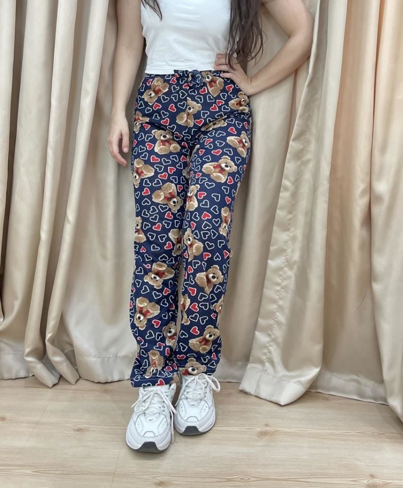 Kadın %100 Pamuk Nefes Alan Kumaş Lastikli Bel Desenli Baskılı Pijama Altı XL - Lacivert Ayı Kalp