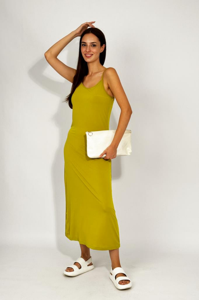 Kadın Maxi Sandy Kumaş İp Askılı Düz Renk Fitted/Vücuda Oturan Dar Esnek Rahat Saran Uzun Elbise Yağ Yeşili - XL