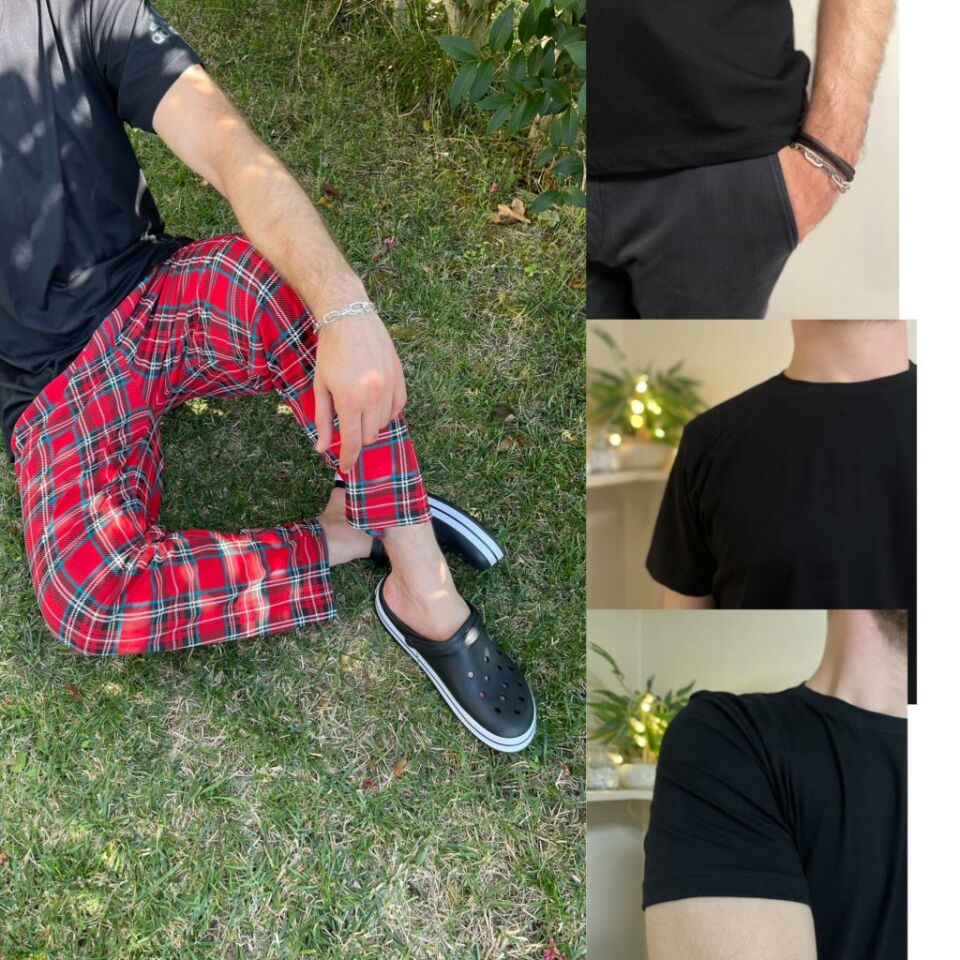 Regular Fit Alt Ekose Kareli Pamuklu Örme Bisiklet Yaka Erkek Pijama Takımı Kırmızı Yeşil Kare-Siyah - M