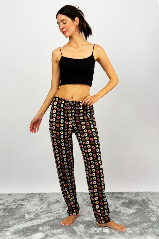 Kadın Pamuklu Ekose Desenli Pijama Altı Eşofman Kurdeleli SİYAH - XXL