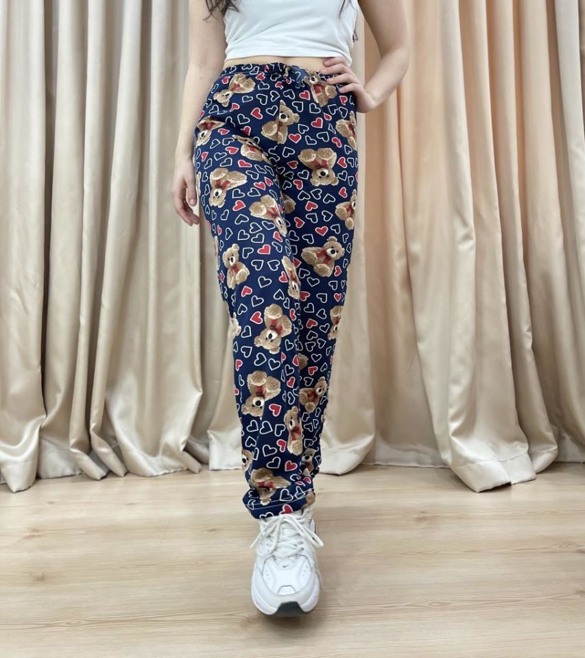Kadın %100 Pamuk Nefes Alan Kumaş Lastikli Bel Desenli Baskılı Pijama Altı XXL - Lacivert Ayı Kalp