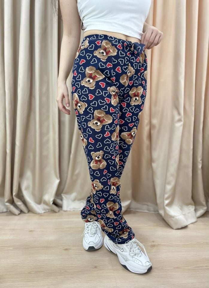 Kadın %100 Pamuk Nefes Alan Kumaş Lastikli Bel Desenli Baskılı Pijama Altı XXL - Lacivert Ayı Kalp