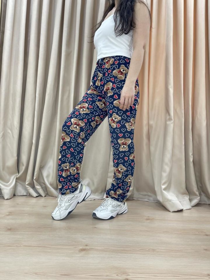 Kadın %100 Pamuk Nefes Alan Kumaş Lastikli Bel Desenli Baskılı Pijama Altı XXL - Lacivert Ayı Kalp