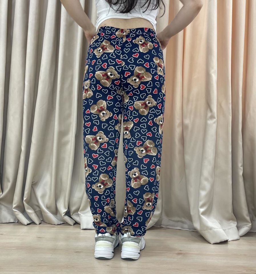 Kadın %100 Pamuk Nefes Alan Kumaş Lastikli Bel Desenli Baskılı Pijama Altı XXL - Lacivert Ayı Kalp