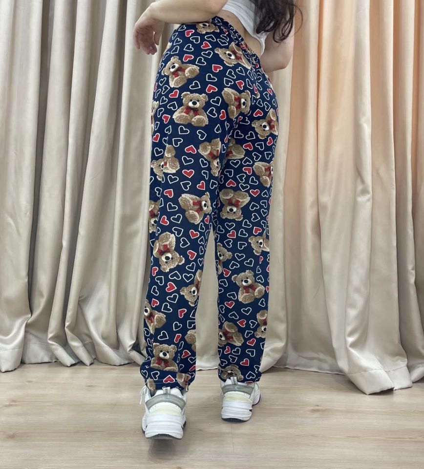 Kadın %100 Pamuk Nefes Alan Kumaş Lastikli Bel Desenli Baskılı Pijama Altı XXL - Lacivert Ayı Kalp