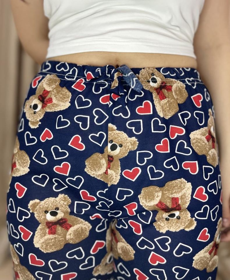 Kadın %100 Pamuk Nefes Alan Kumaş Lastikli Bel Desenli Baskılı Pijama Altı XXL - Lacivert Ayı Kalp
