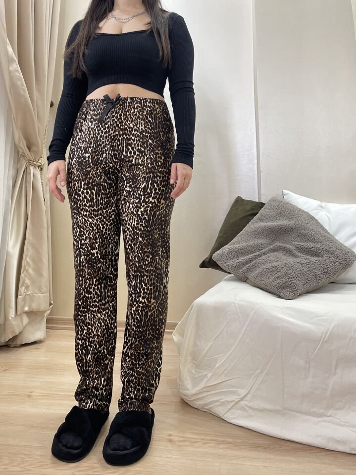 Kadın Kadife Pijama Altı Eşofman Pamuklu Leopar - M