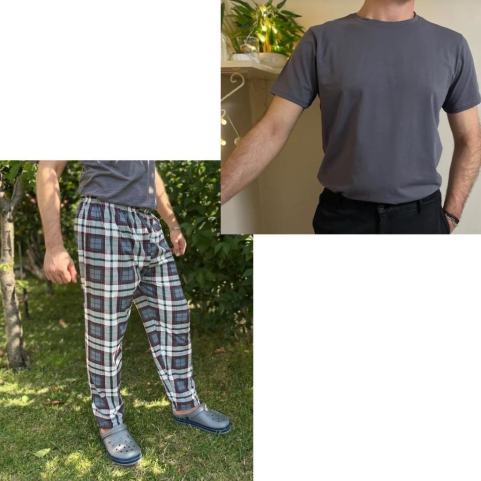 Regular Fit Alt Ekose Kareli Pamuklu Örme Bisiklet Yaka Erkek Pijama Takımı Antrasit Kare- Gri - XXL