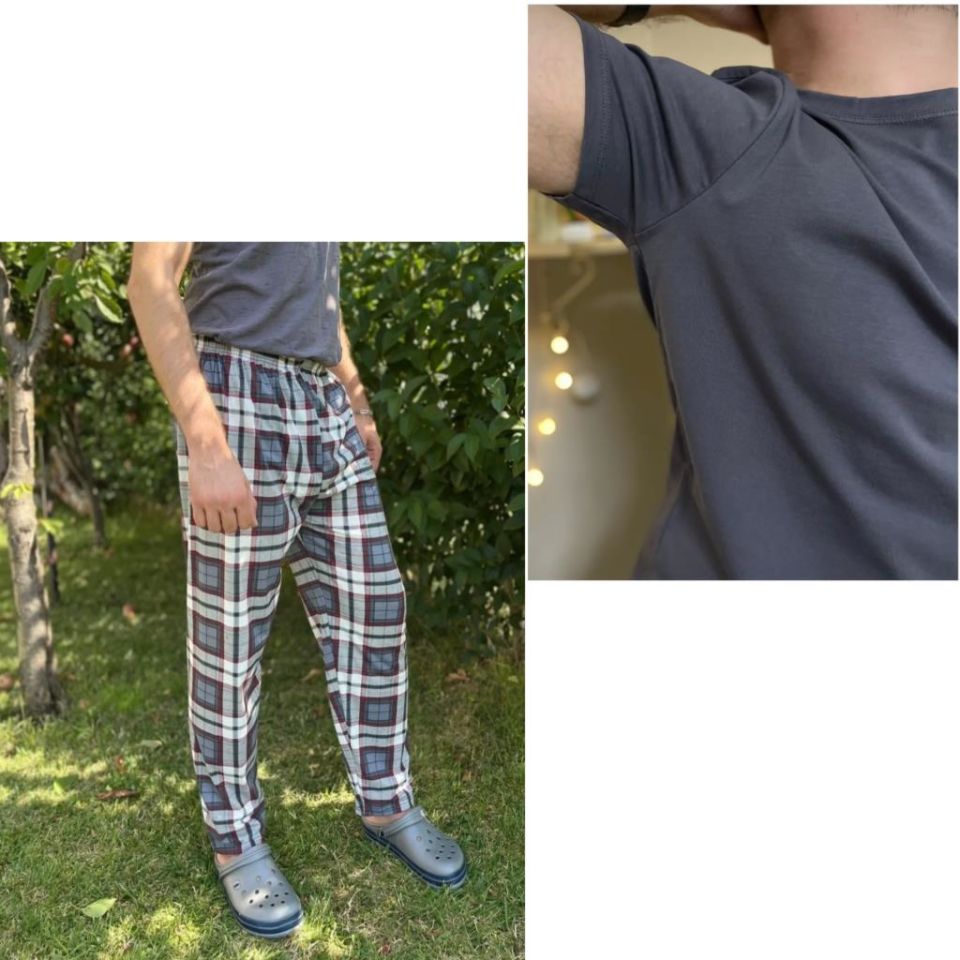 Regular Fit Alt Ekose Kareli Pamuklu Örme Bisiklet Yaka Erkek Pijama Takımı Antrasit Kare- Gri - XXL