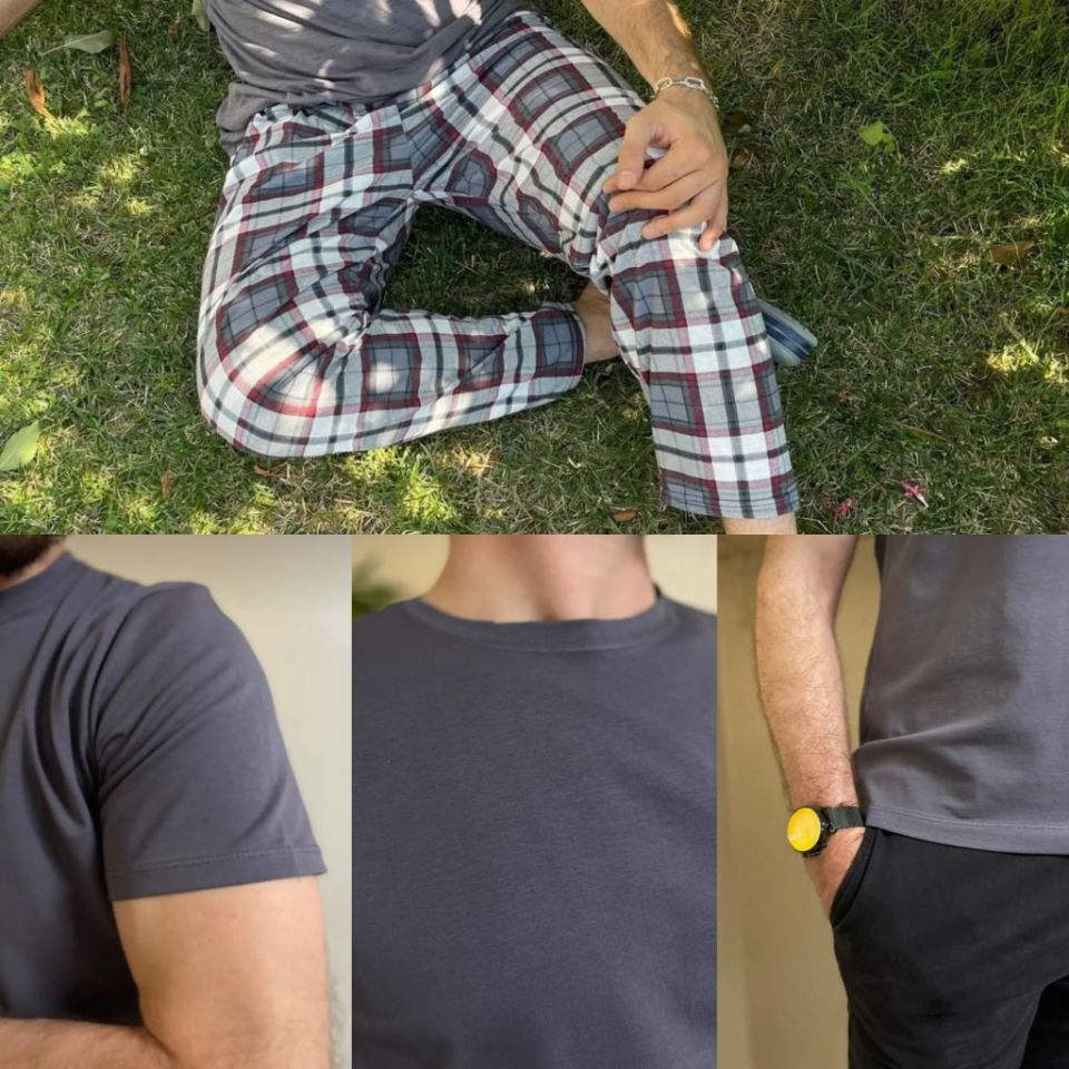 Regular Fit Alt Ekose Kareli Pamuklu Örme Bisiklet Yaka Erkek Pijama Takımı Antrasit Kare- Gri - XXL