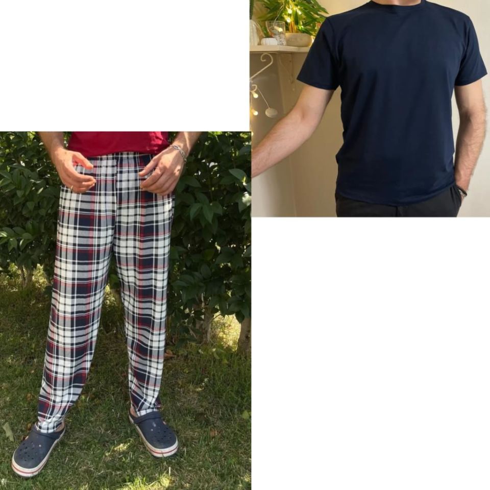Regular Fit Alt Ekose Kareli Pamuklu Örme Bisiklet Yaka Erkek Pijama Takımı Bordo Lacivert Kare- Lacivert - XXL