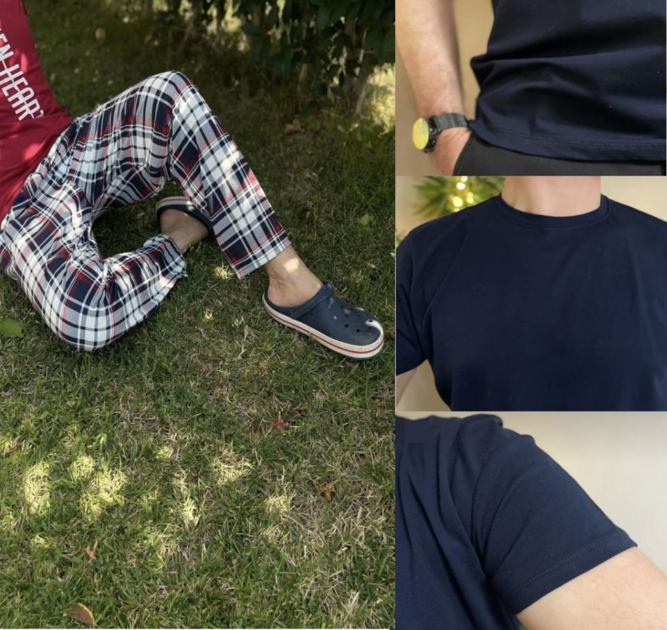 Regular Fit Alt Ekose Kareli Pamuklu Örme Bisiklet Yaka Erkek Pijama Takımı Bordo Lacivert Kare- Lacivert - XXL