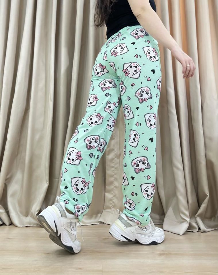 Kadın %100 Pamuk Nefes Alan Kumaş Lastikli Bel Desenli Baskılı Pijama Altı L - Mint Kalp