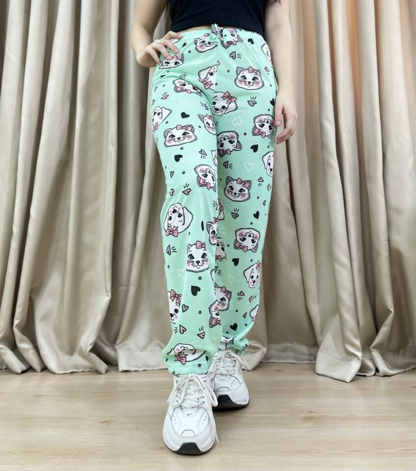 Kadın %100 Pamuk Nefes Alan Kumaş Lastikli Bel Desenli Baskılı Pijama Altı XL - Mint Kalp