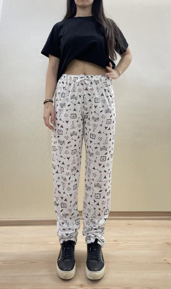 Kadın Lastikli Bel %100 Pamuk Kurdeleli Desenli Pijama Altı BEYAZ - XXL