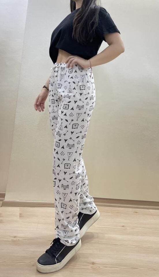 Kadın Lastikli Bel %100 Pamuk Kurdeleli Desenli Pijama Altı BEYAZ - XXL