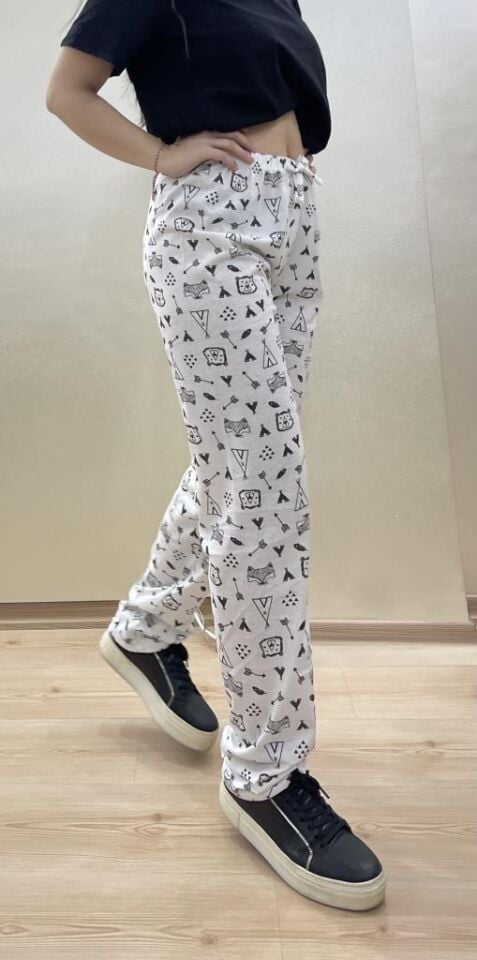 Kadın Lastikli Bel %100 Pamuk Kurdeleli Desenli Pijama Altı BEYAZ - XXL