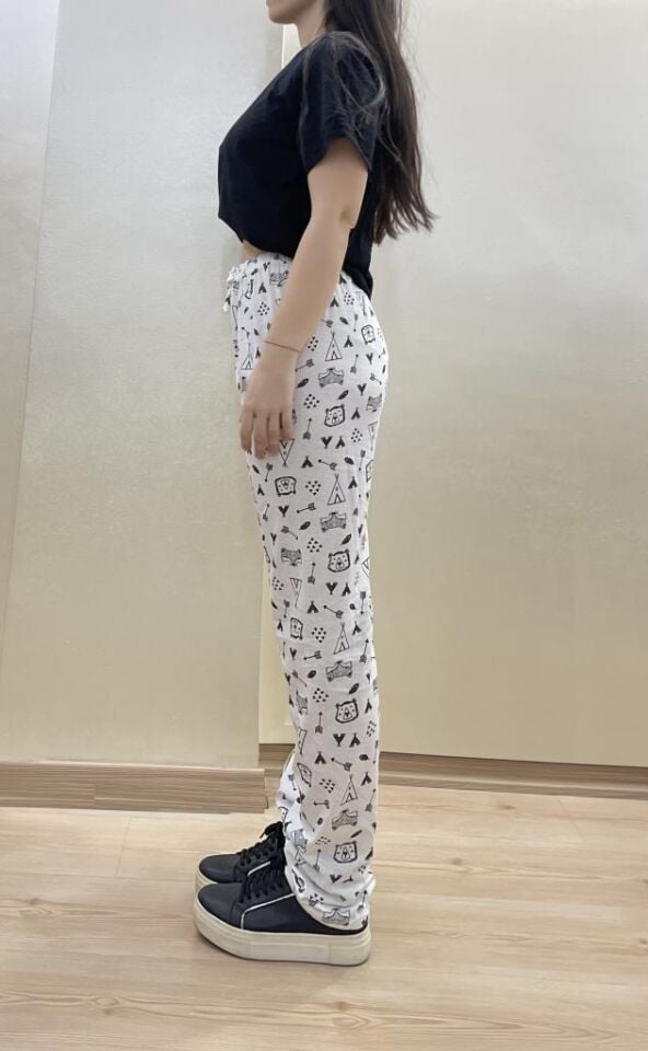 Kadın Lastikli Bel %100 Pamuk Kurdeleli Desenli Pijama Altı BEYAZ - XXL