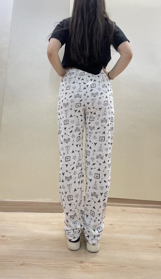 Kadın Lastikli Bel %100 Pamuk Kurdeleli Desenli Pijama Altı BEYAZ - XXL