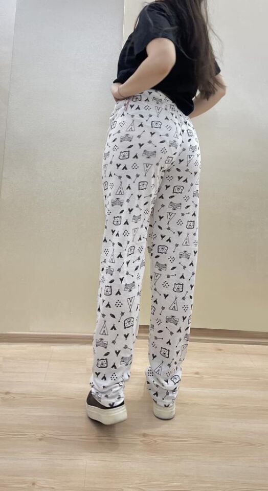 Kadın Lastikli Bel %100 Pamuk Kurdeleli Desenli Pijama Altı BEYAZ - XXL