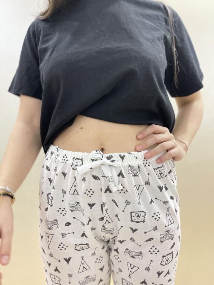 Kadın Lastikli Bel %100 Pamuk Kurdeleli Desenli Pijama Altı BEYAZ - XXL