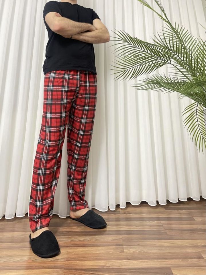 Erkek %100 Pamuk Cepsiz Beli Lastikli Pijama Altı Eşofman KIRMIZI - M