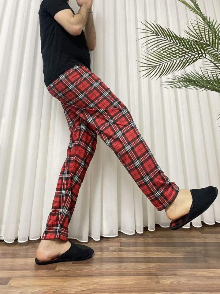 Erkek %100 Pamuk Cepsiz Beli Lastikli Pijama Altı Eşofman KIRMIZI - L