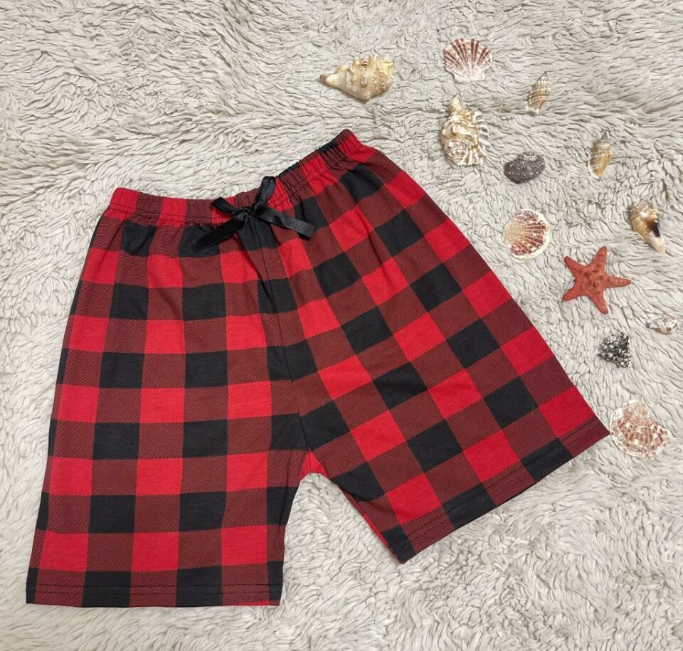 %100 Pamuk Kadın Yüksek Bel Dört Mevsim Şort Pijama Kırmızı Pencere Kare - S