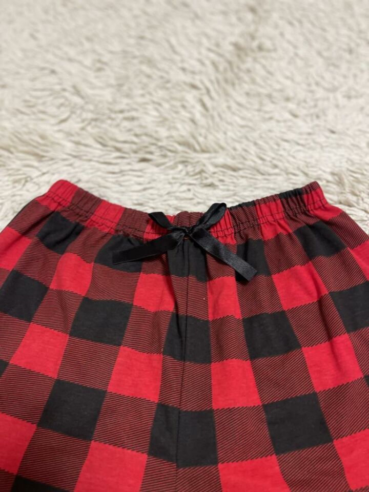 %100 Pamuk Kadın Yüksek Bel Dört Mevsim Şort Pijama Kırmızı Pencere Kare - S