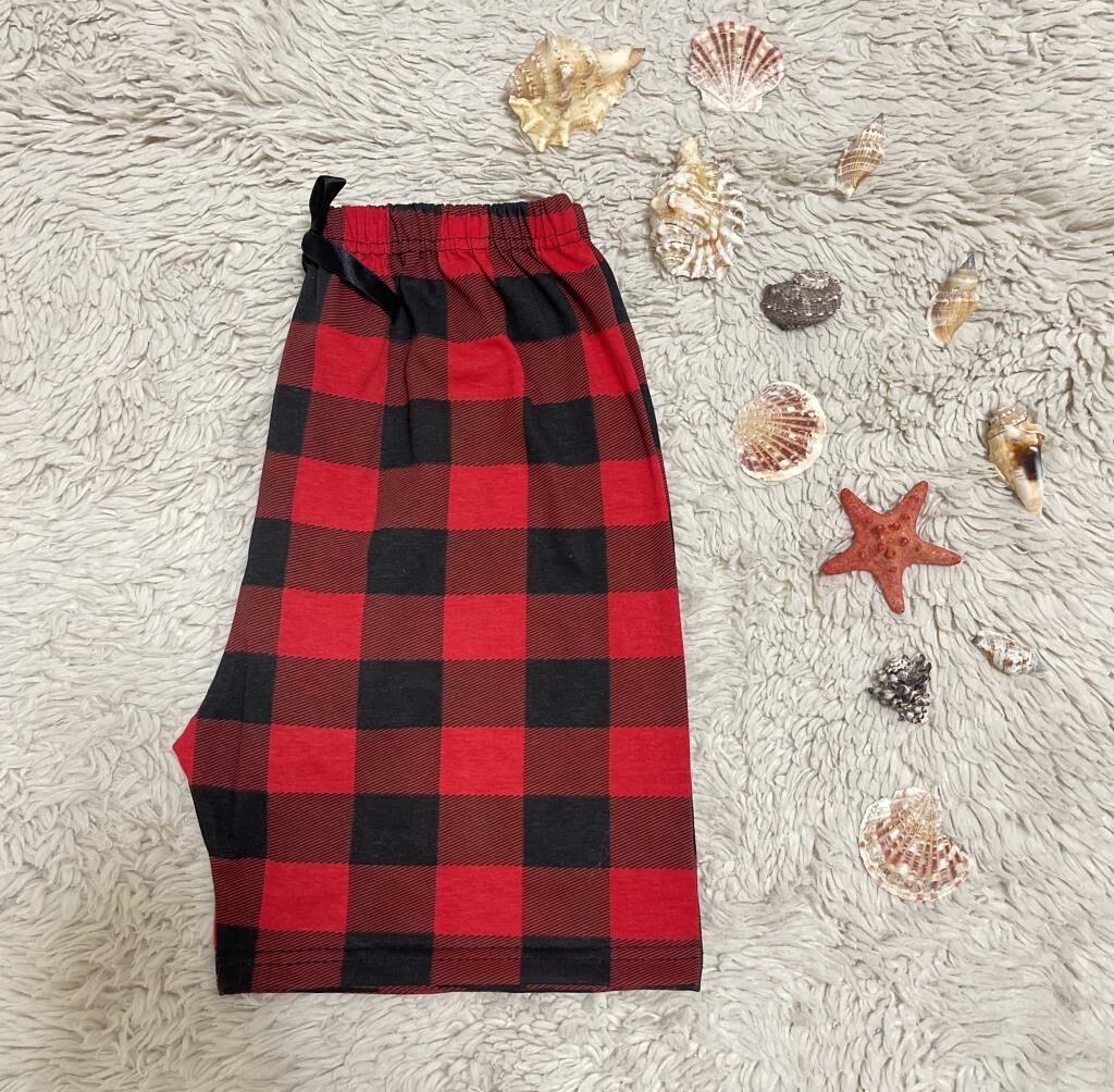%100 Pamuk Kadın Yüksek Bel Dört Mevsim Şort Pijama Kırmızı Pencere Kare - S