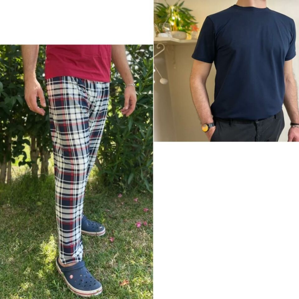 Regular Fit Alt Ekose Kareli Pamuklu Örme Bisiklet Yaka Erkek Pijama Takımı Bordo Lacivert Kare- Lacivert - L