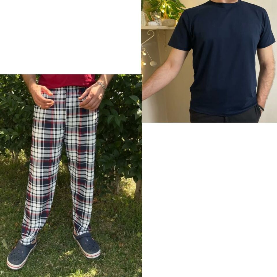 Regular Fit Alt Ekose Kareli Pamuklu Örme Bisiklet Yaka Erkek Pijama Takımı Bordo Lacivert Kare- Lacivert - L