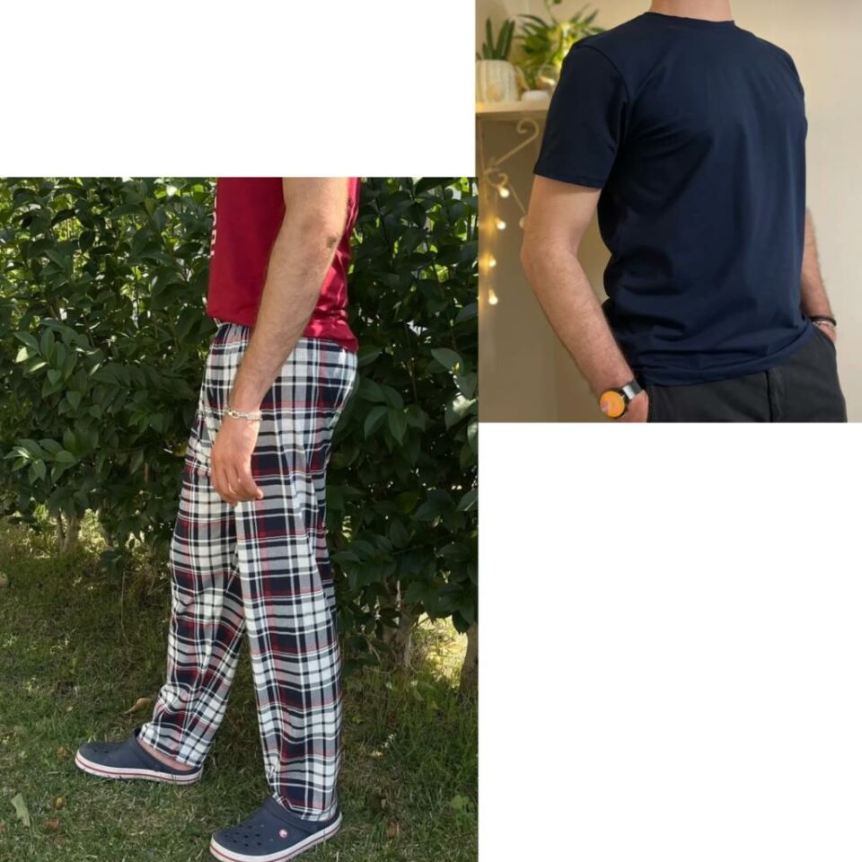 Regular Fit Alt Ekose Kareli Pamuklu Örme Bisiklet Yaka Erkek Pijama Takımı Bordo Lacivert Kare- Lacivert - L