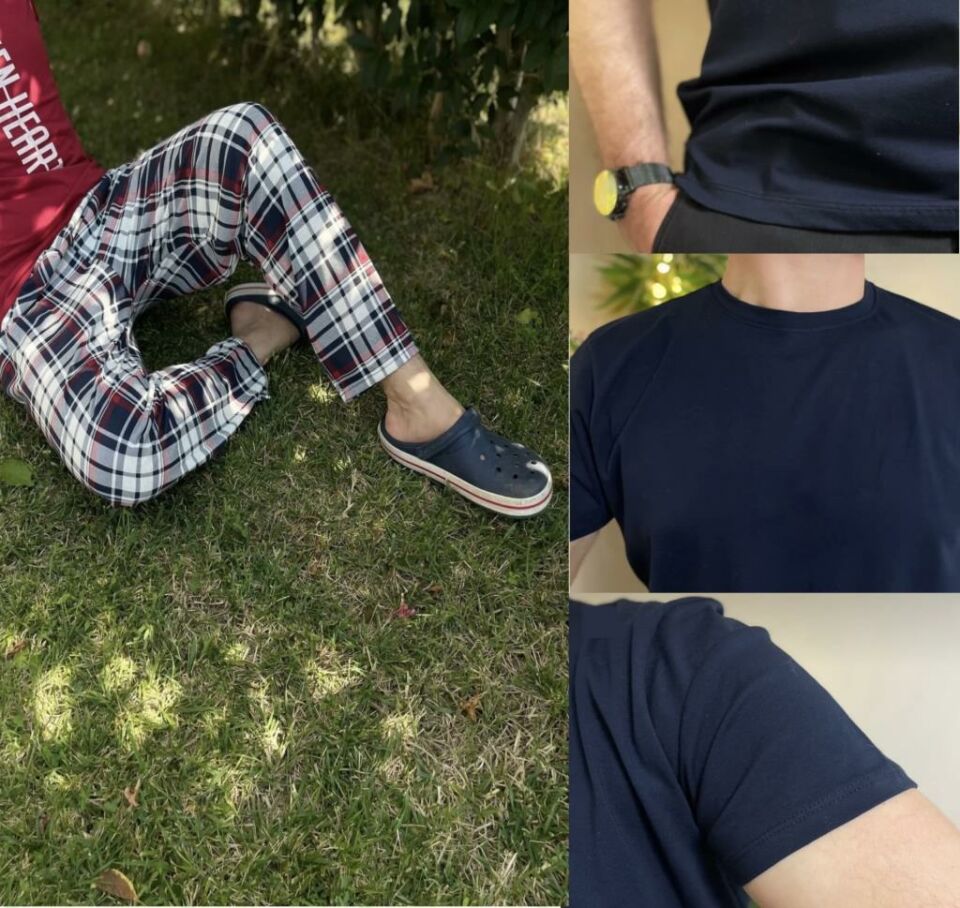 Regular Fit Alt Ekose Kareli Pamuklu Örme Bisiklet Yaka Erkek Pijama Takımı Bordo Lacivert Kare- Lacivert - L