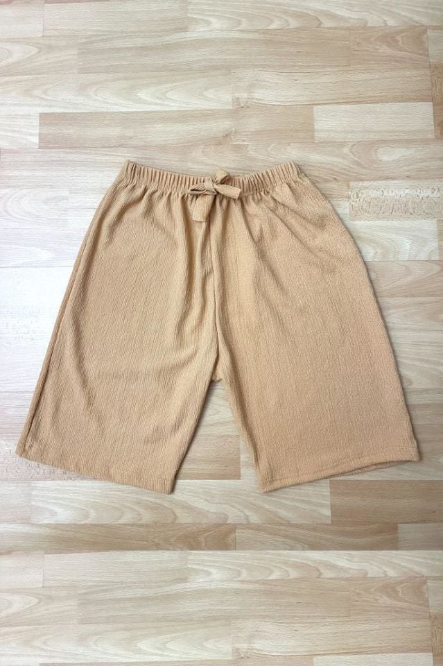 Betimoda Kadın Beli Lastikli Bol Paça Oversize Bürümcük Kumaş Şort Hardal - XL
