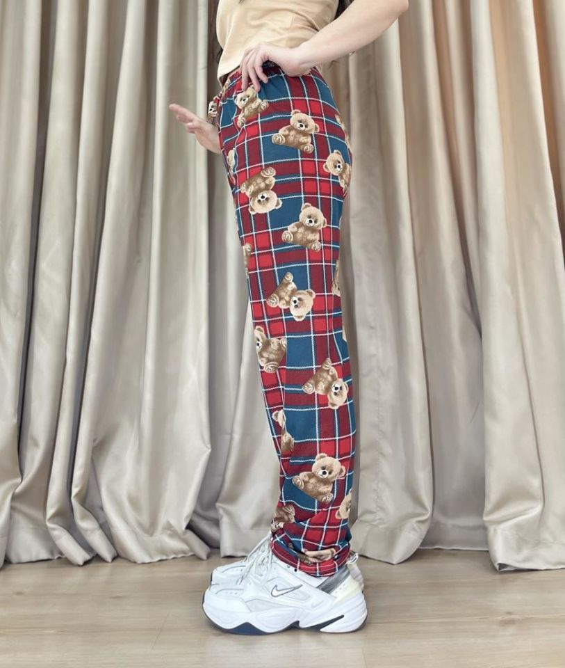 Kadın %100 Pamuk Nefes Alan Kumaş Lastikli Bel Desenli Baskılı Pijama Altı S - Yeşil Kırmızı Kare Ayı