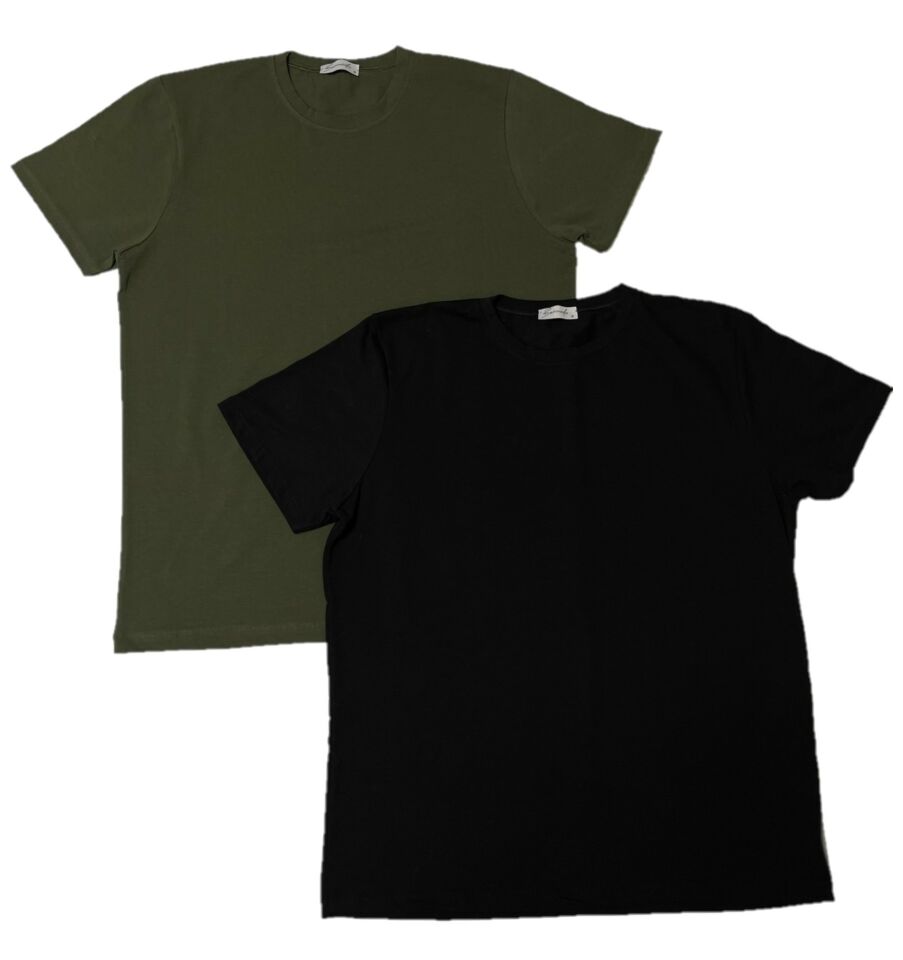 Erkek Slim Fit Dar Kesim Bisiklet Yaka Kısa Kol Pamuklu 2'li Tişört Paketi Yeşil Siyah - S