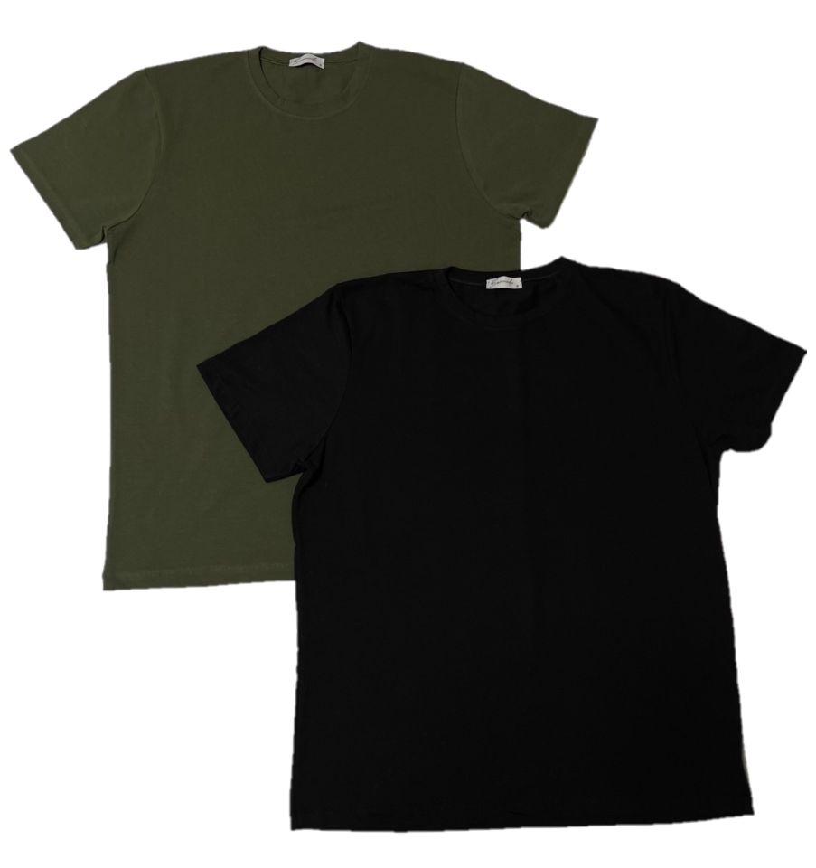 Erkek Slim Fit Dar Kesim Bisiklet Yaka Kısa Kol Pamuklu 2'li Tişört Paketi Yeşil Siyah - XL