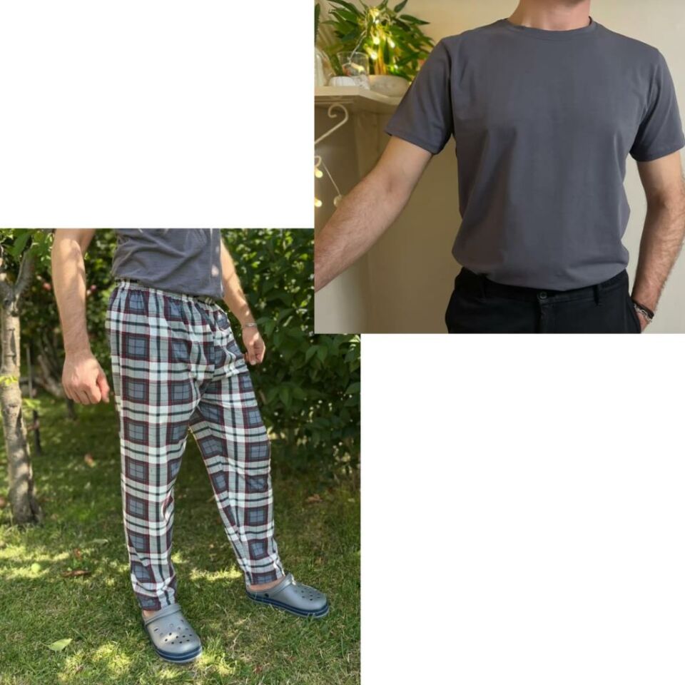 Regular Fit Alt Ekose Kareli Pamuklu Örme Bisiklet Yaka Erkek Pijama Takımı Antrasit Kare- Gri - L