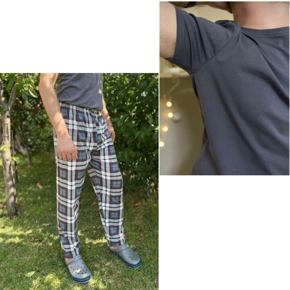 Regular Fit Alt Ekose Kareli Pamuklu Örme Bisiklet Yaka Erkek Pijama Takımı Antrasit Kare- Gri - L