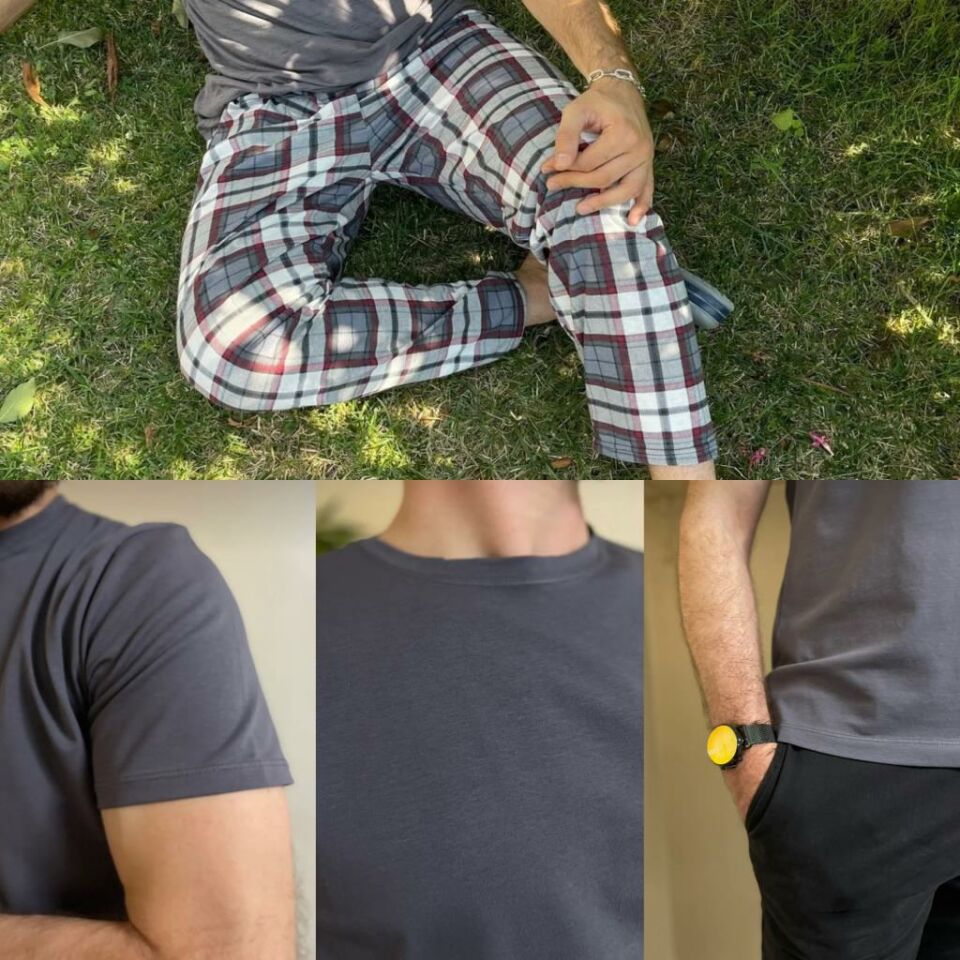 Regular Fit Alt Ekose Kareli Pamuklu Örme Bisiklet Yaka Erkek Pijama Takımı Antrasit Kare- Gri - L