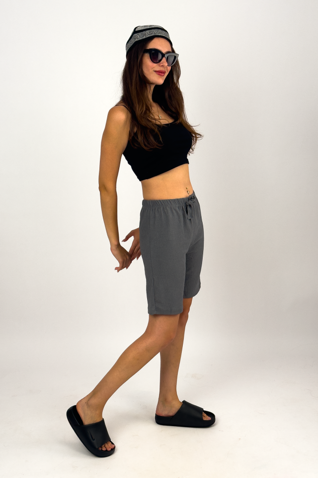 Betimoda Kadın Beli Lastikli Bol Paça Oversize Bürümcük Kumaş Şort Füme - L