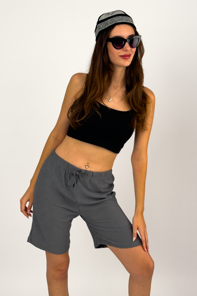 Betimoda Kadın Beli Lastikli Bol Paça Oversize Bürümcük Kumaş Şort Füme - L