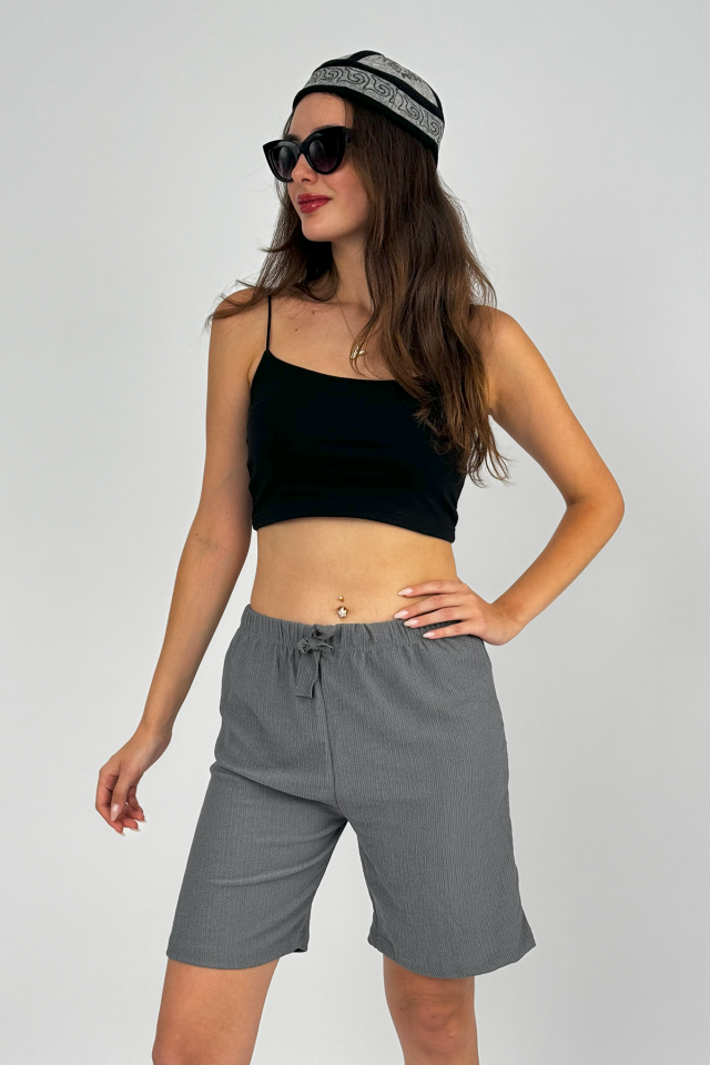 Betimoda Kadın Beli Lastikli Bol Paça Oversize Bürümcük Kumaş Şort Füme - L