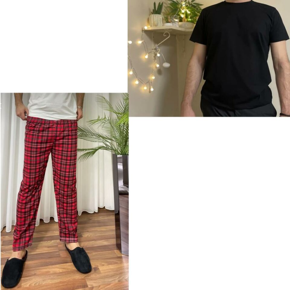 Regular Fit Alt Ekose Kareli Pamuklu Örme Bisiklet Yaka Erkek Pijama Takımı Kırmızı Siyah Kare- Siyah - XL